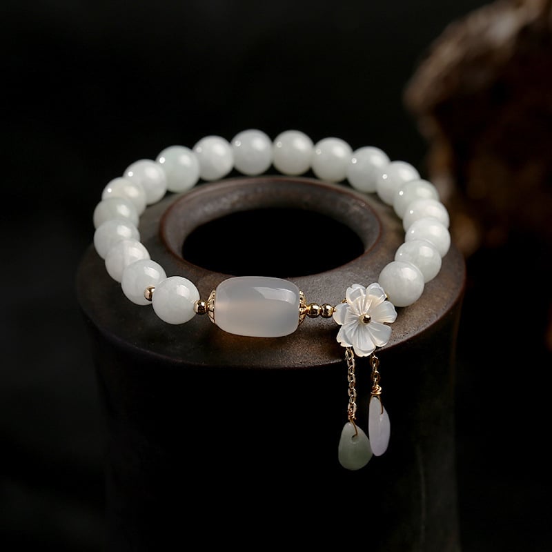 Natural Jade Bracelet with 14K Gold Flower Wrap