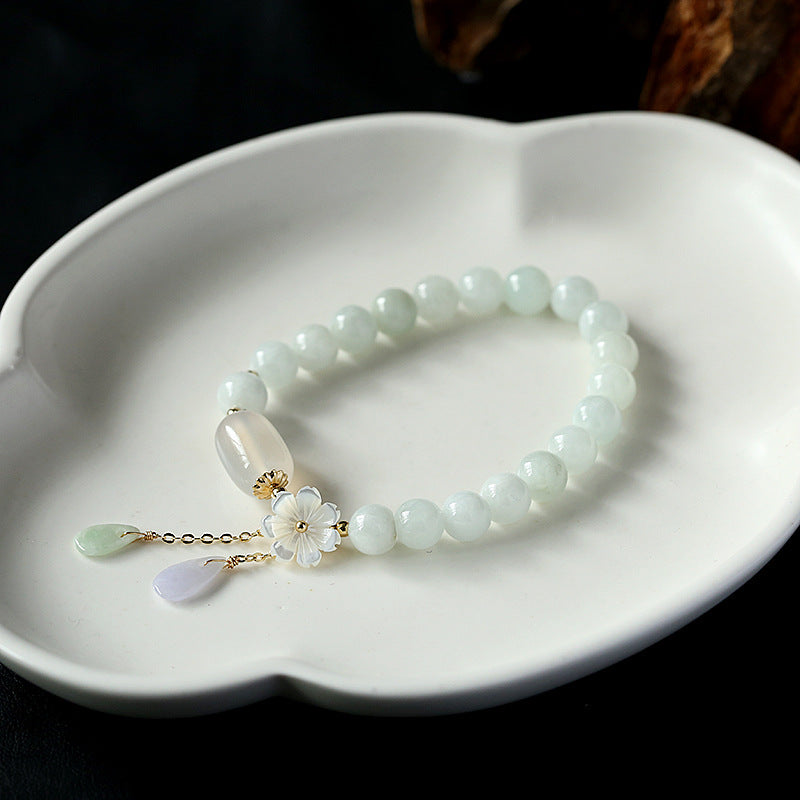 Natural Jade Bracelet with 14K Gold Flower Wrap