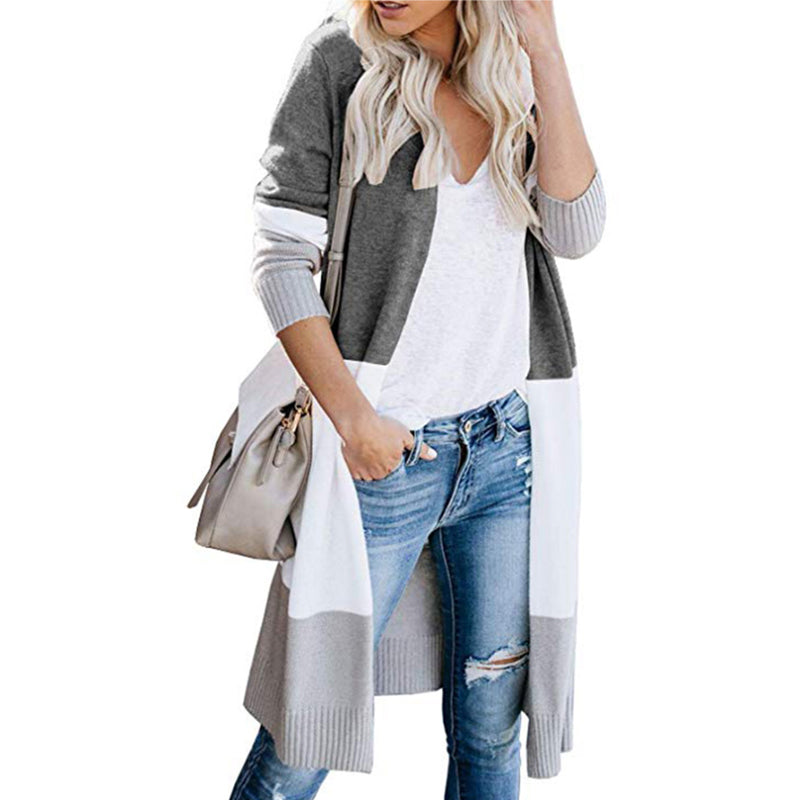 Casual Long Sleeve Color Block Cardigan Sweater