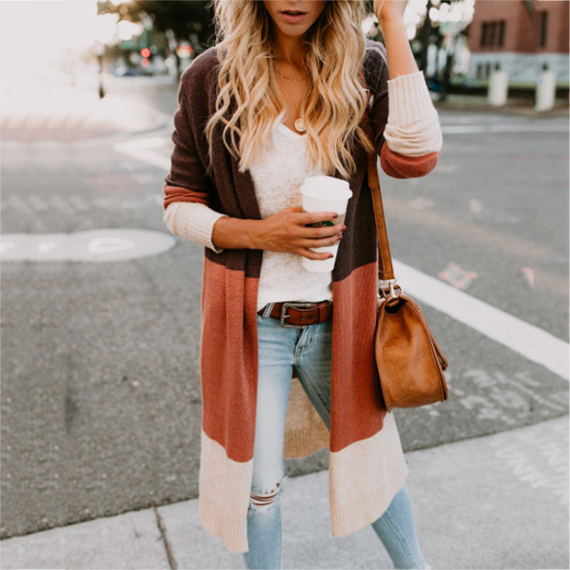 Casual Long Sleeve Color Block Cardigan Sweater