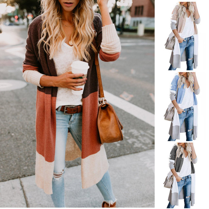 Casual Long Sleeve Color Block Cardigan Sweater