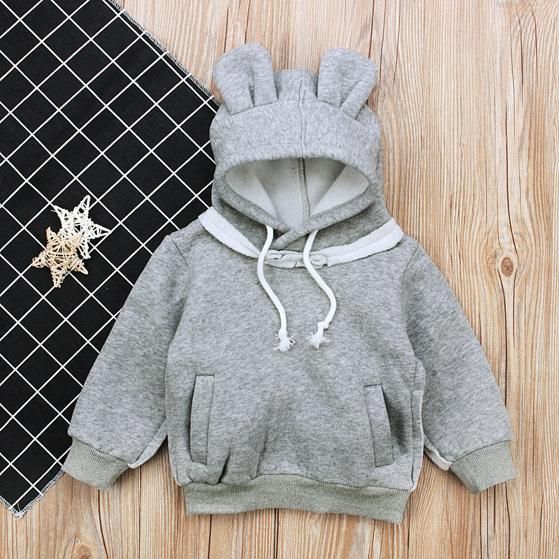 Bear Ear Long-Sleeved Top with Fleece Hoodie