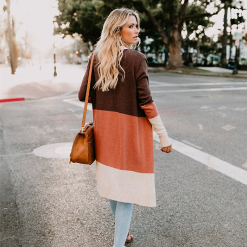 Casual Long Sleeve Color Block Cardigan Sweater